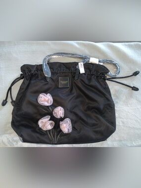 Victoria's Secret Black Tote with Light Pink Floral Appliqués